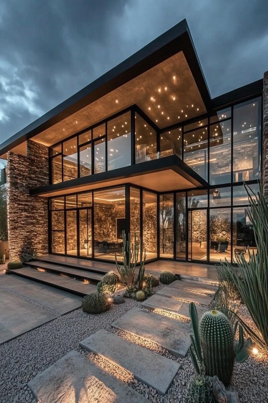 Modern desert house with glass walls and cacti