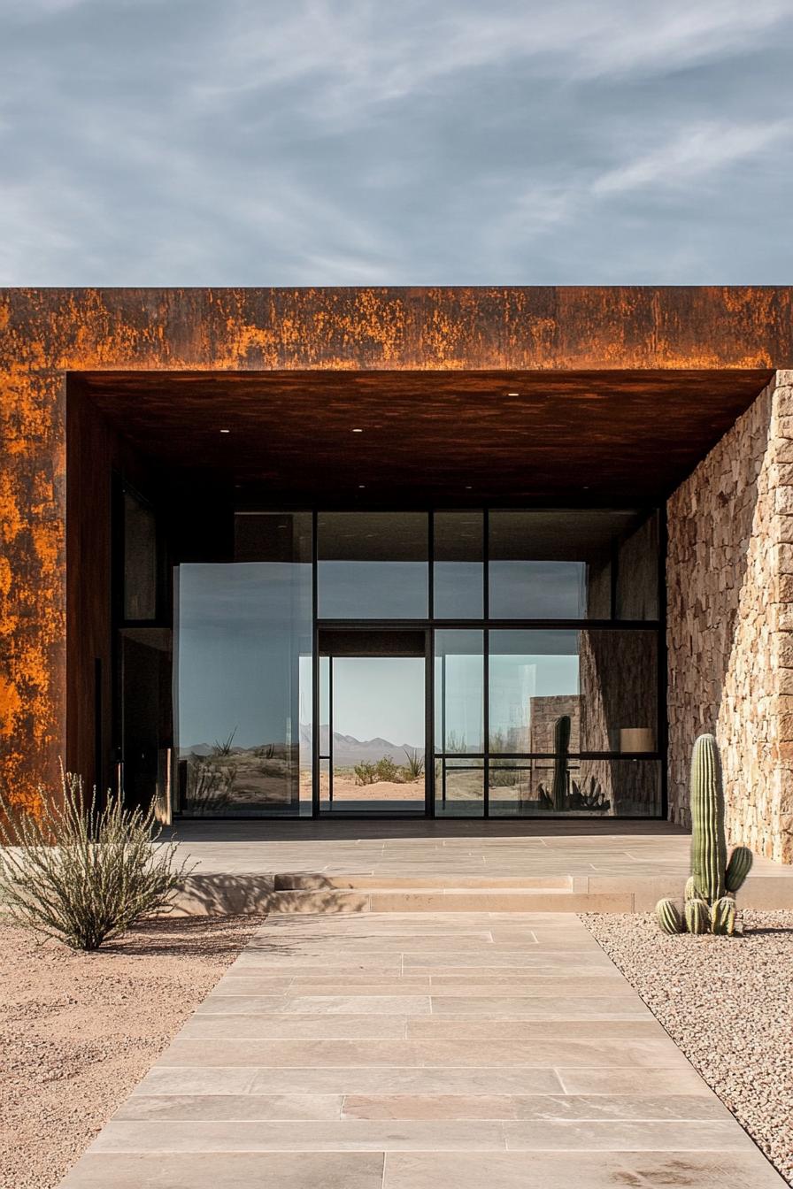 Modern desert home with large glass windows and stone walls