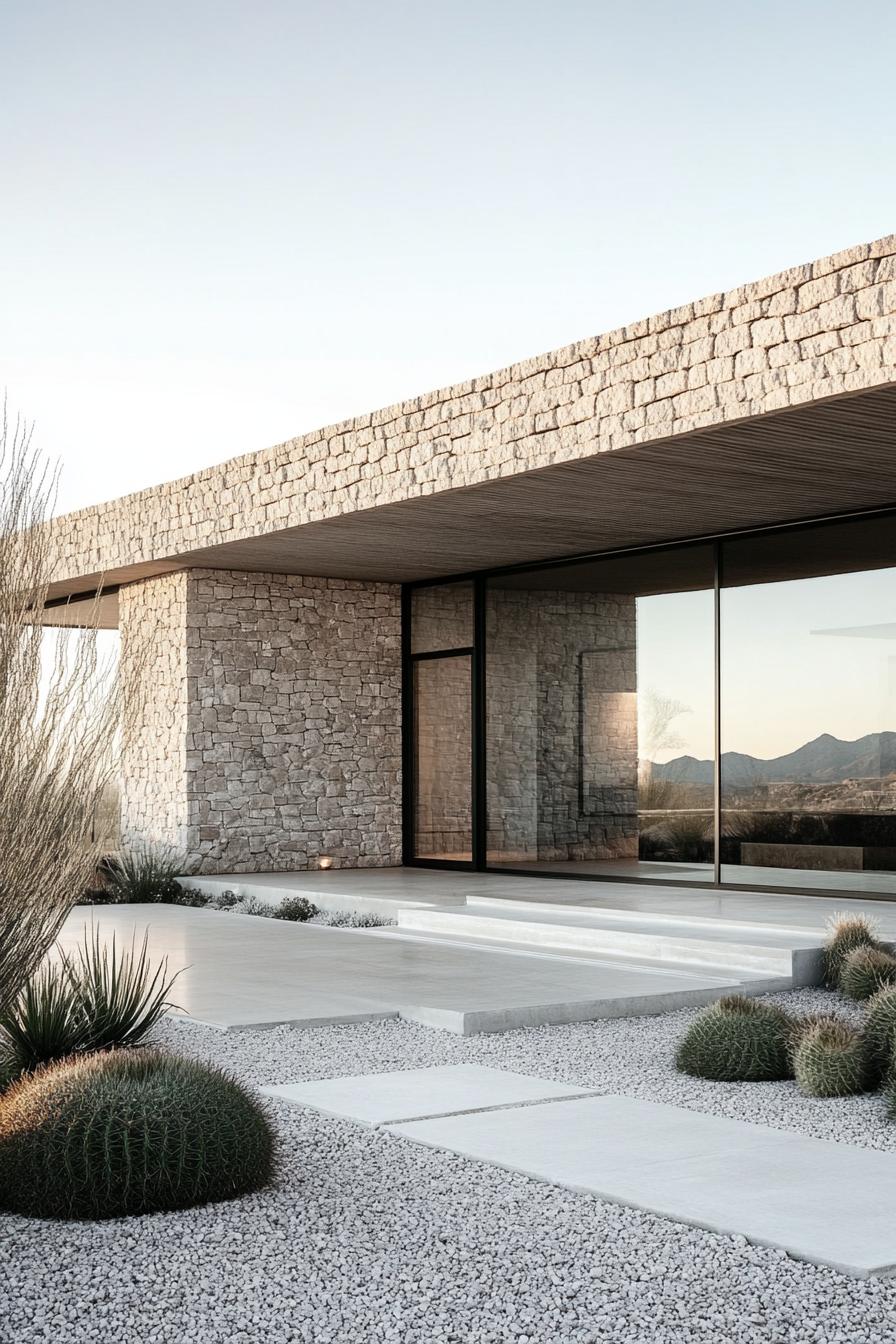 Modern stone house with sleek lines and desert landscaping