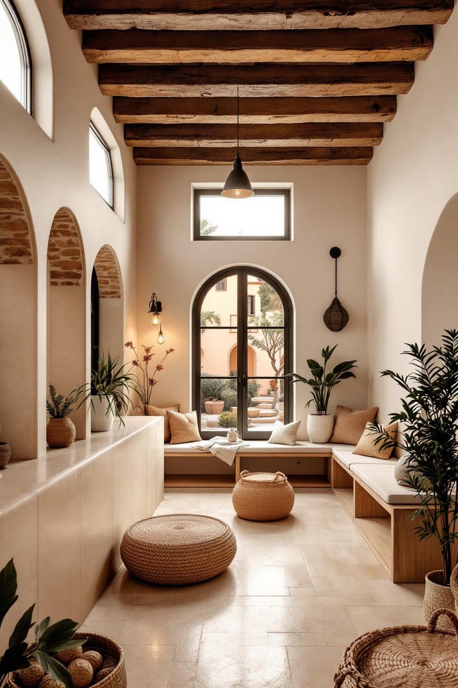 Cozy Spanish living room with arches and plants