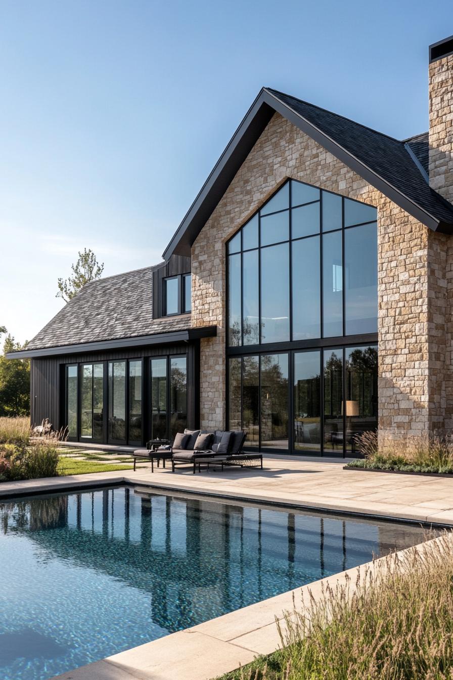 Modern farmhouse with large windows and a pool