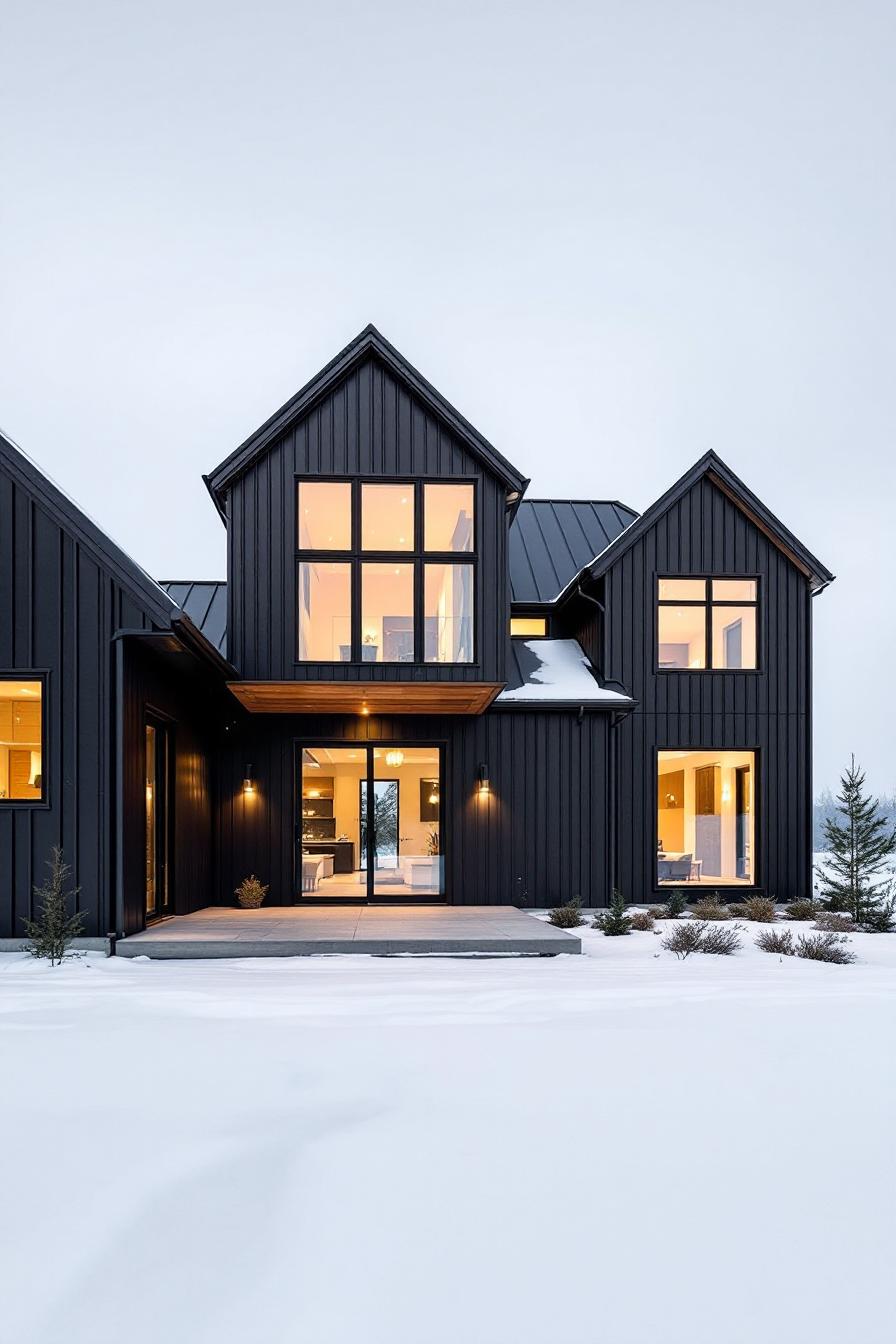 Modern black farmhouse amidst snow