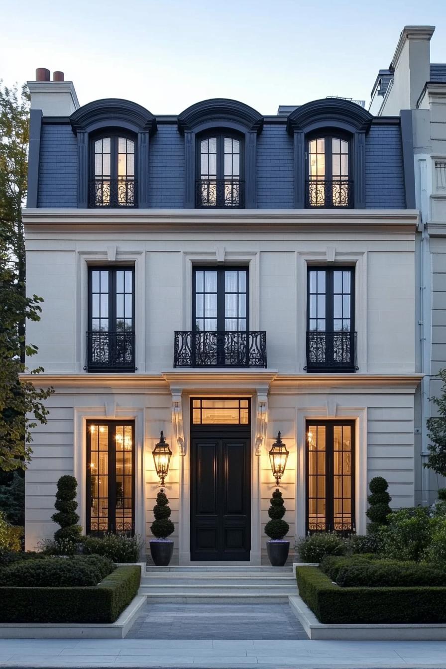 Modern neoclassical house with lanterns and manicured shrubs