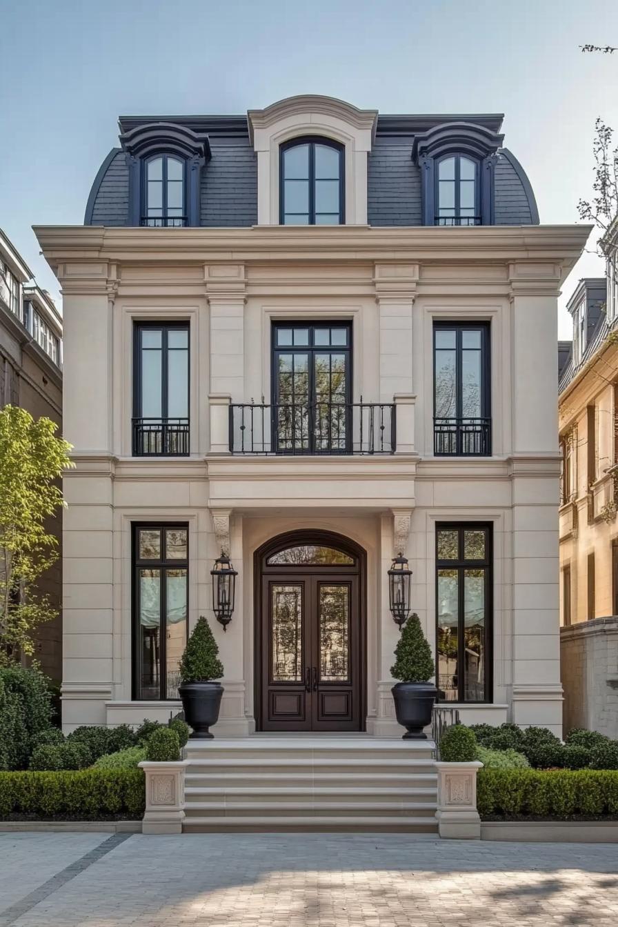 Front view of a grand neoclassical home with tall windows and classic columns