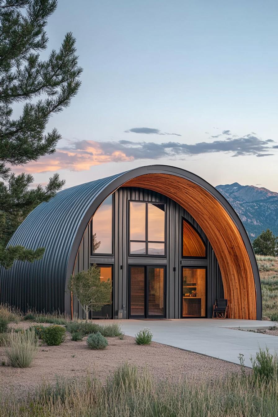 Curved Quonset hut with large windows