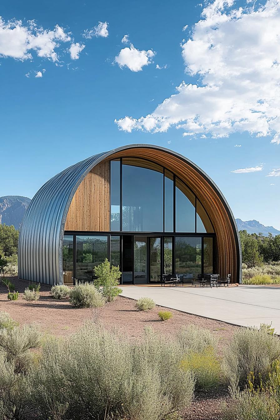 Quonset hut home with glass facade and metal arch