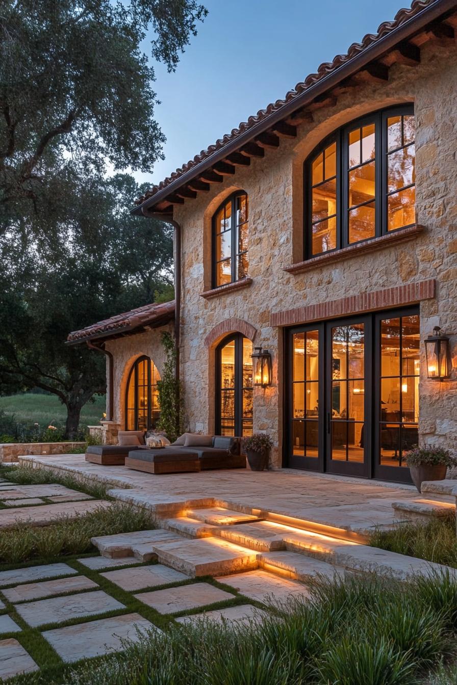 Cozy Tuscan porch with glowing stone steps