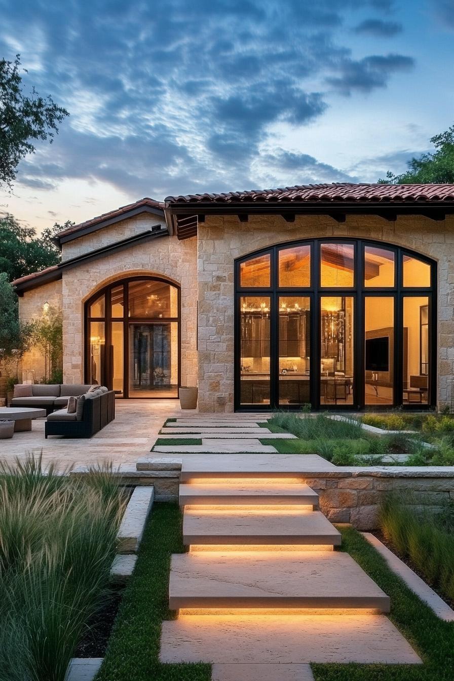 Elegant stone house with modern lighting accents