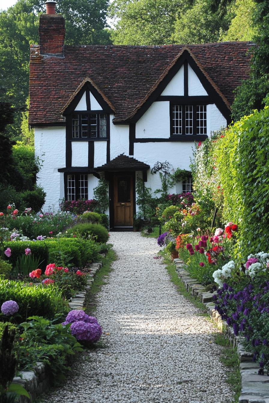 Tudor-style cottage with colorful garden