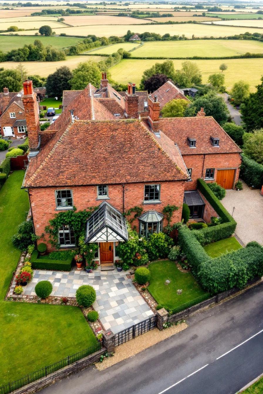 Brick manor with red roof surrounded by greenery