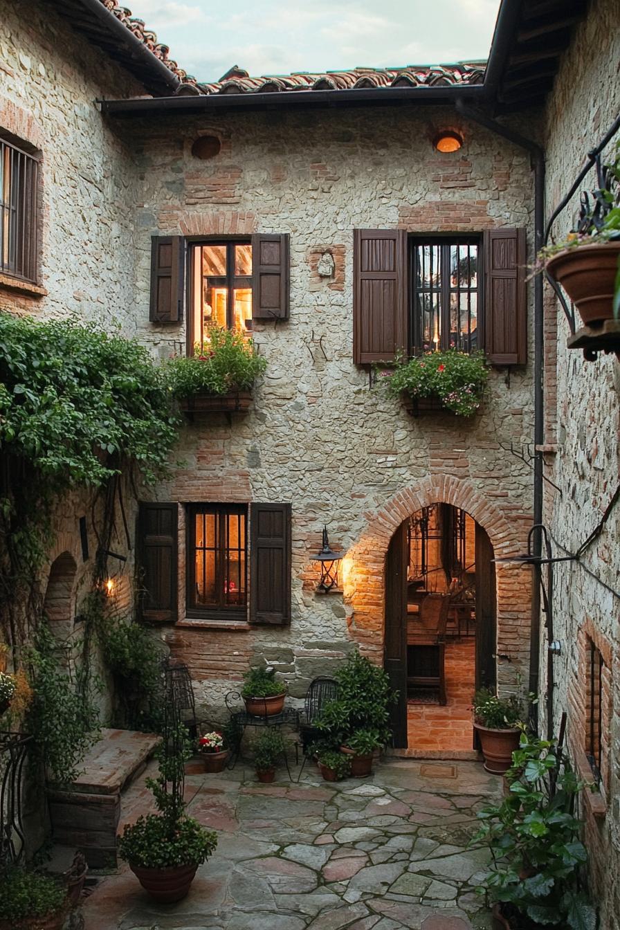 Charming stone courtyard with rustic shutters and lush greenery