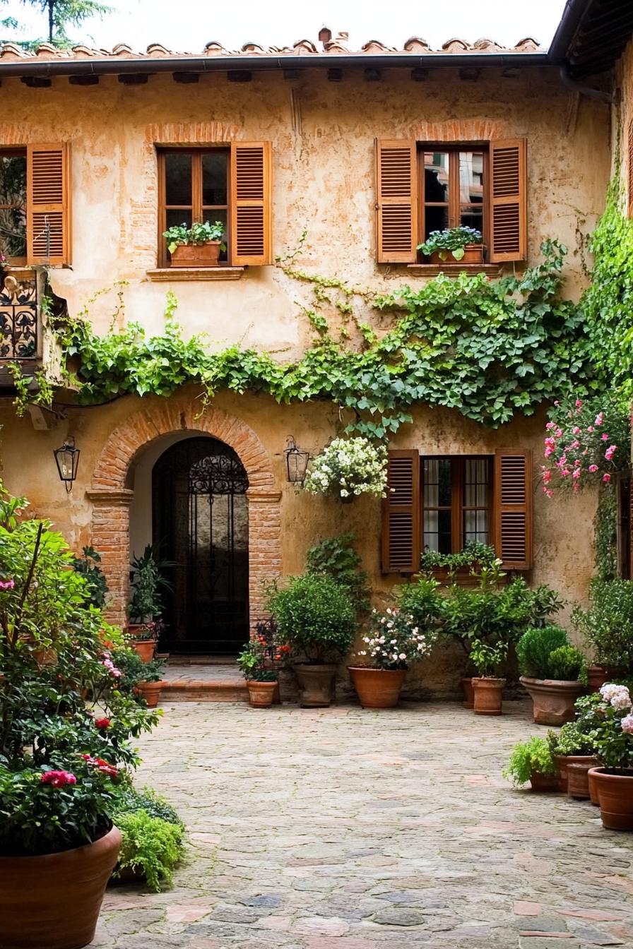 Rustic Tuscan house with wooden shutters and courtyard