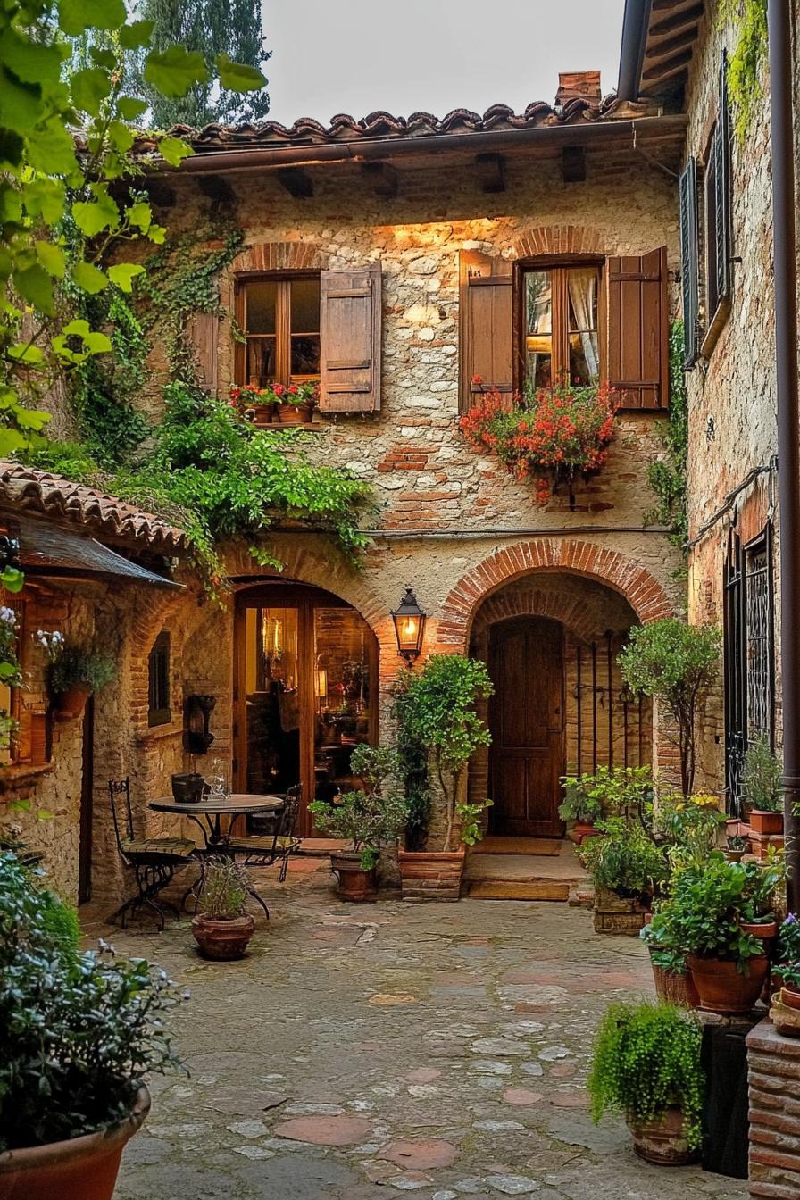 Idyllic Tuscan courtyard with stone façade and greenery