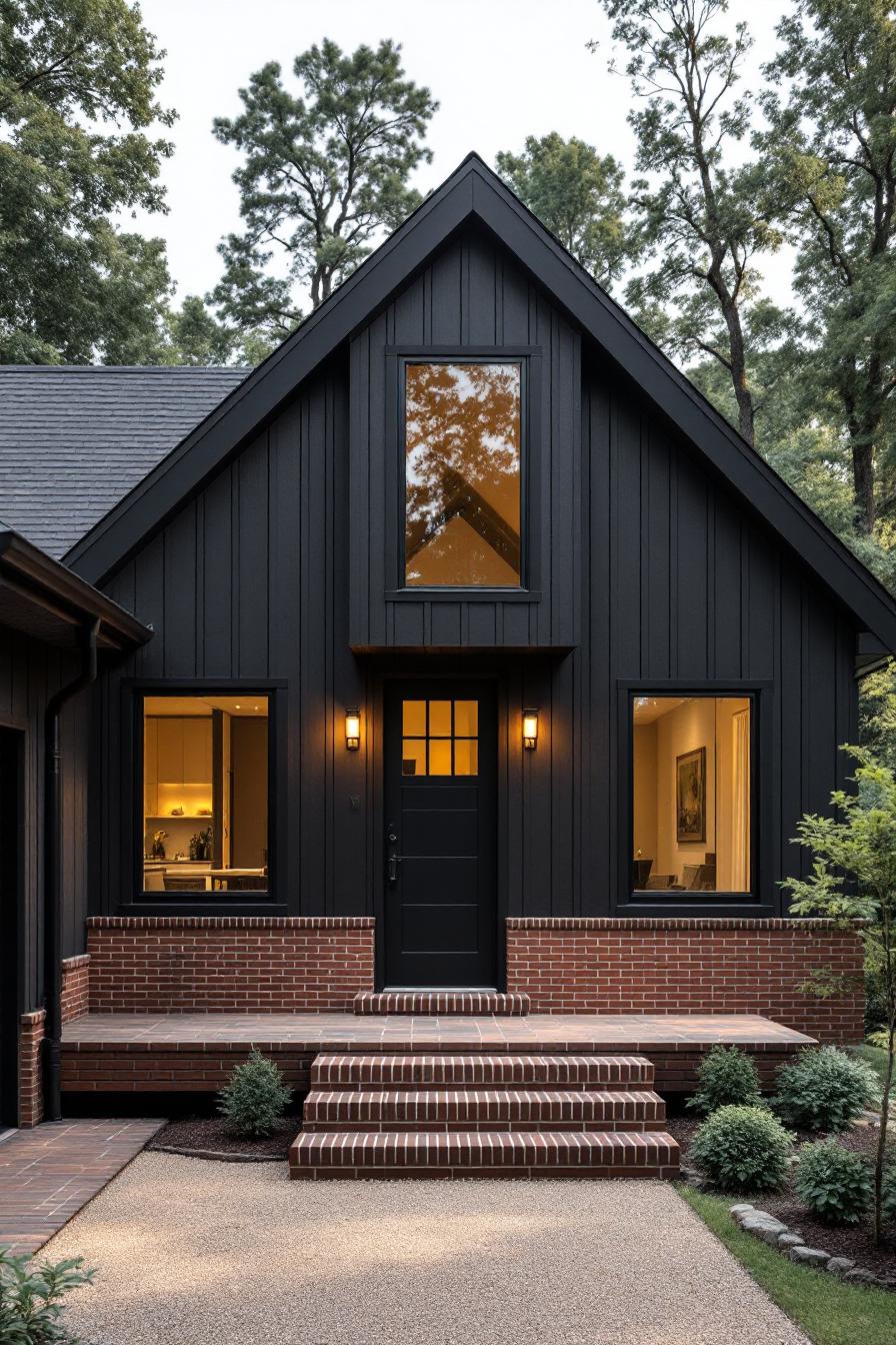 Chic black house with gabled roof and brick accents