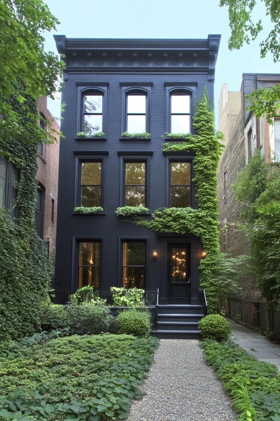 Elegant black house with lush greenery