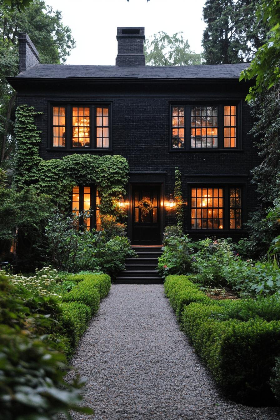 Two-story black house surrounded by lush greenery