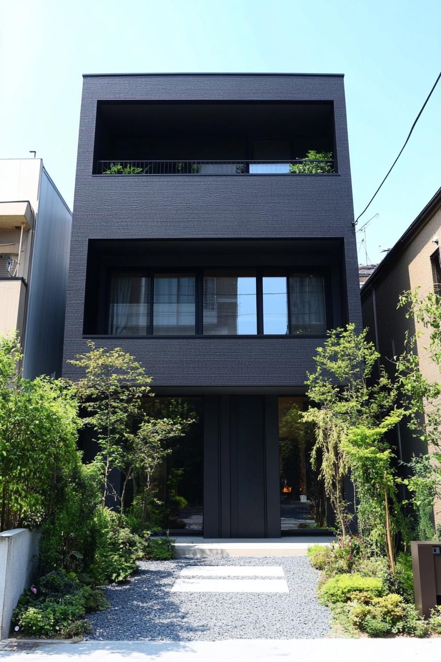 Contemporary black house surrounded by greenery