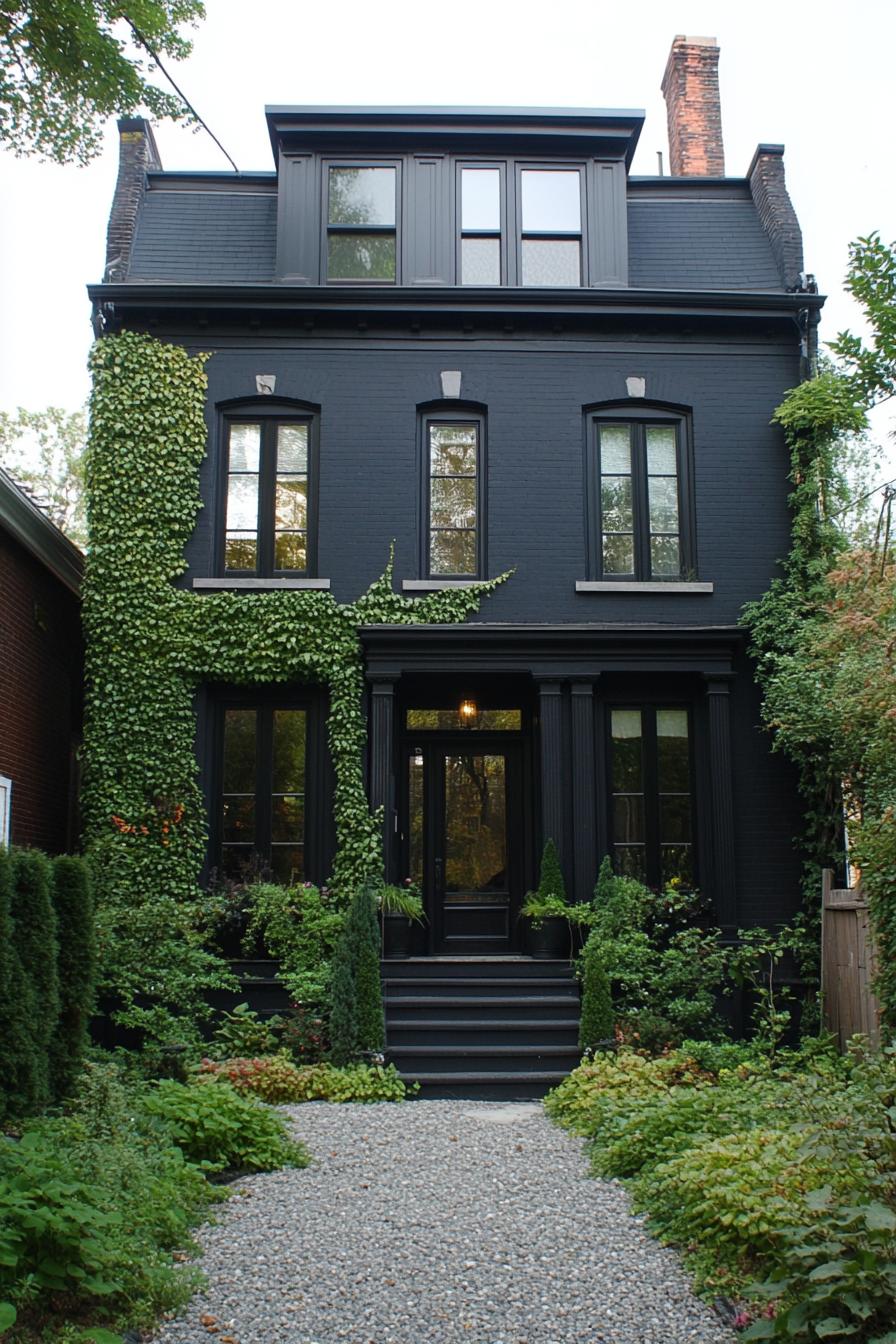 Black house with green ivy and lush garden