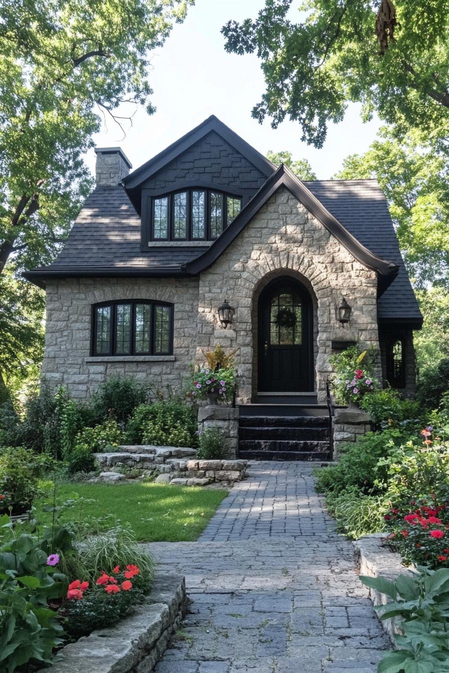 Charming stone cottage framed by lush greenery