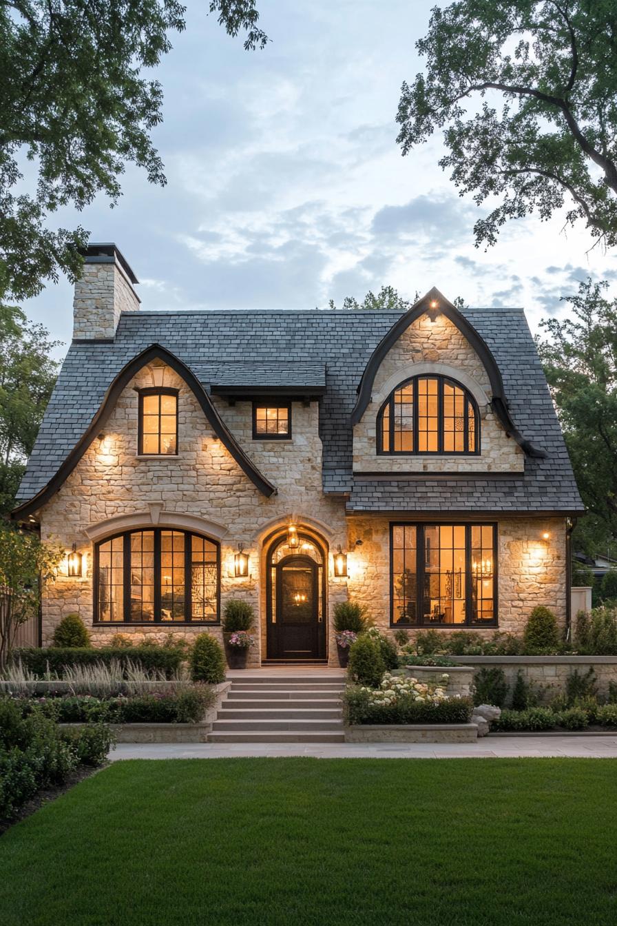 Charming stone house with inviting lights and lush garden