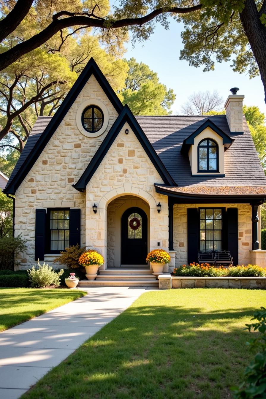 Charming cottage with arched doorway and cozy porch