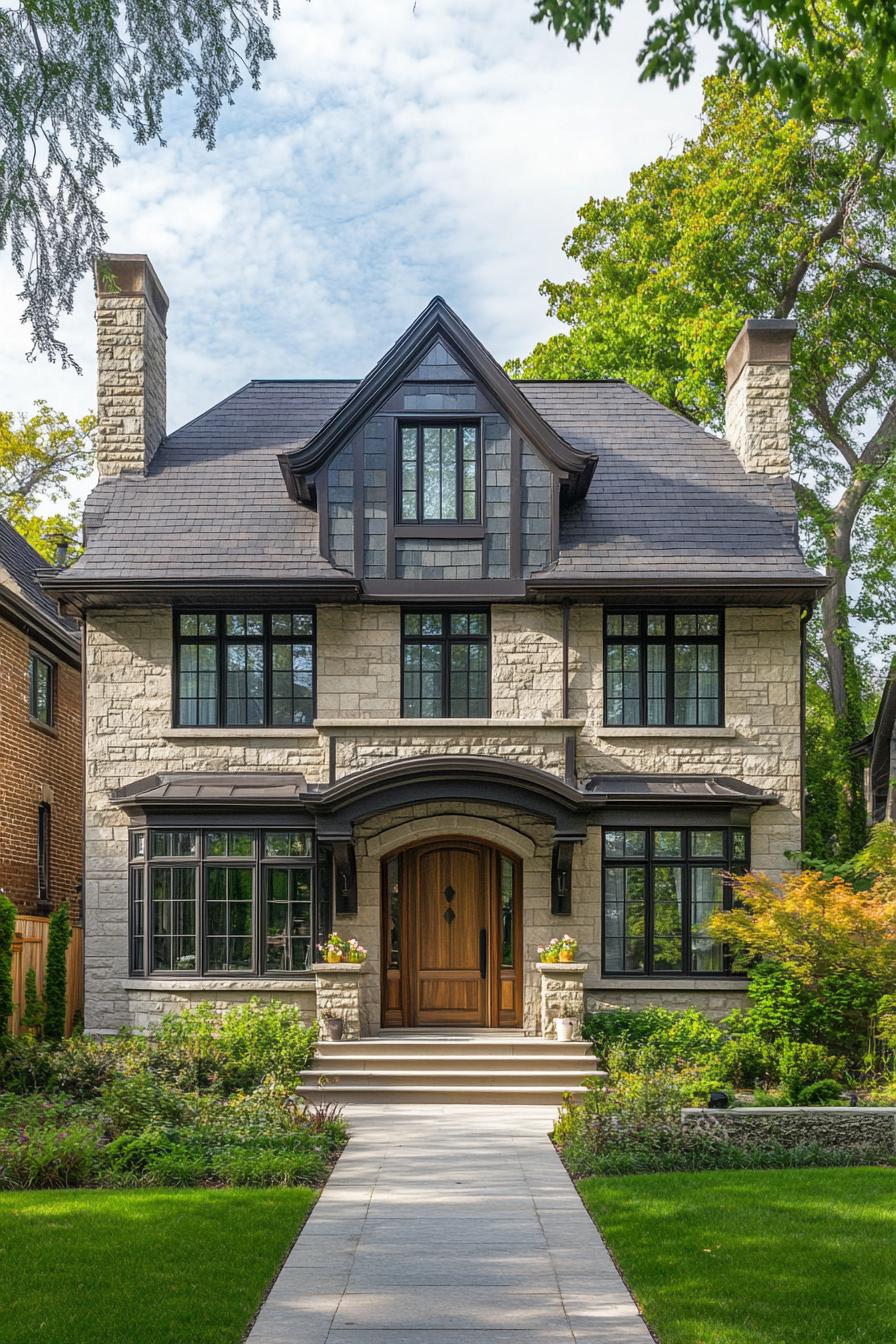 Charming stone house with arched doorway and lush greenery