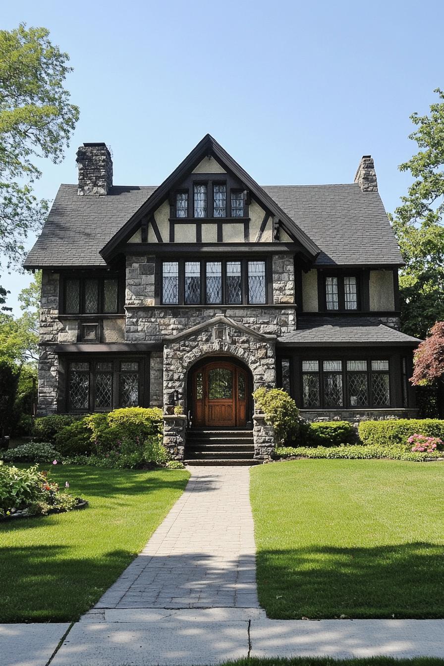 Classic Tudor-style house with stone facade and lush garden