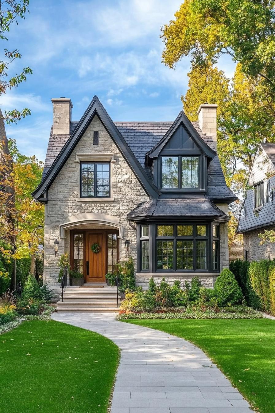 Beautiful stone house with elegant windows and lush greenery