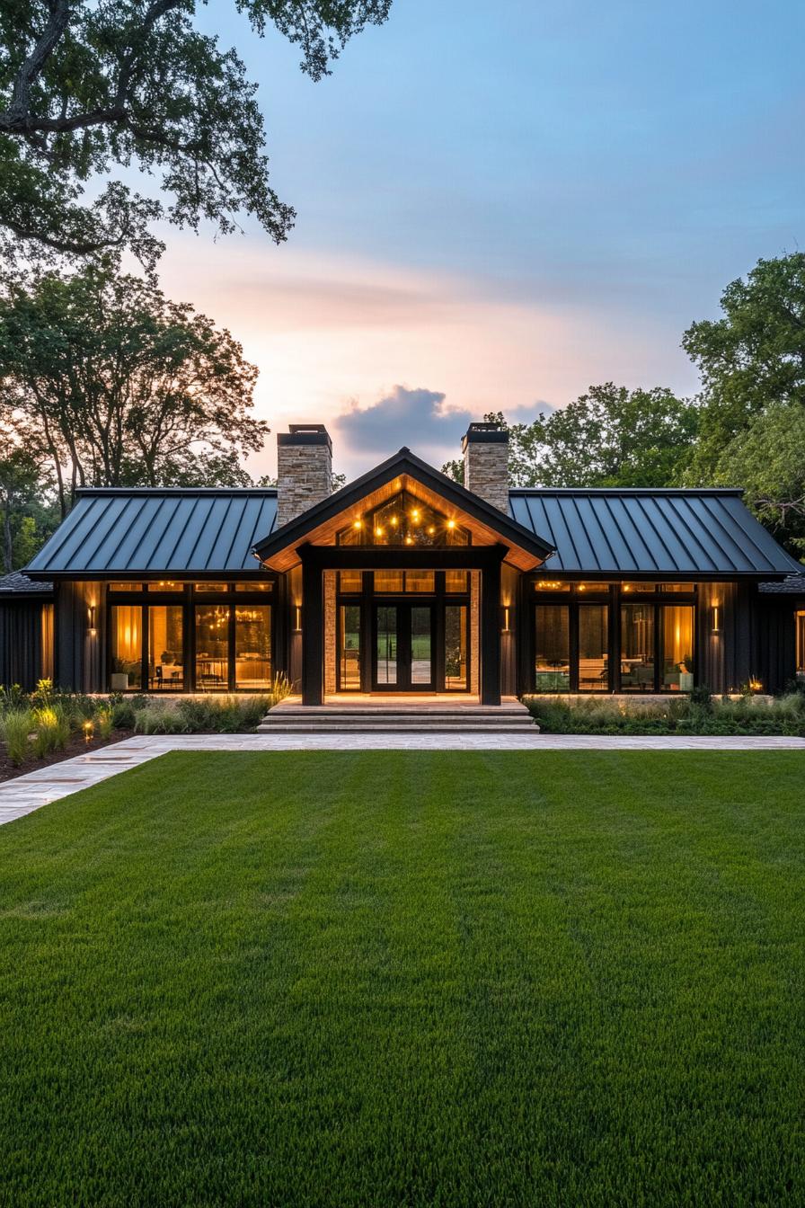 Rancher house with glowing lights during sunset