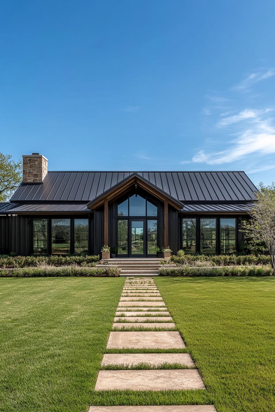 Stylish ranch home with dark metal roof and stone chimney