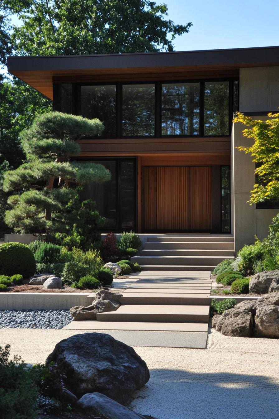 Contemporary minimalist house surrounded by lush greenery