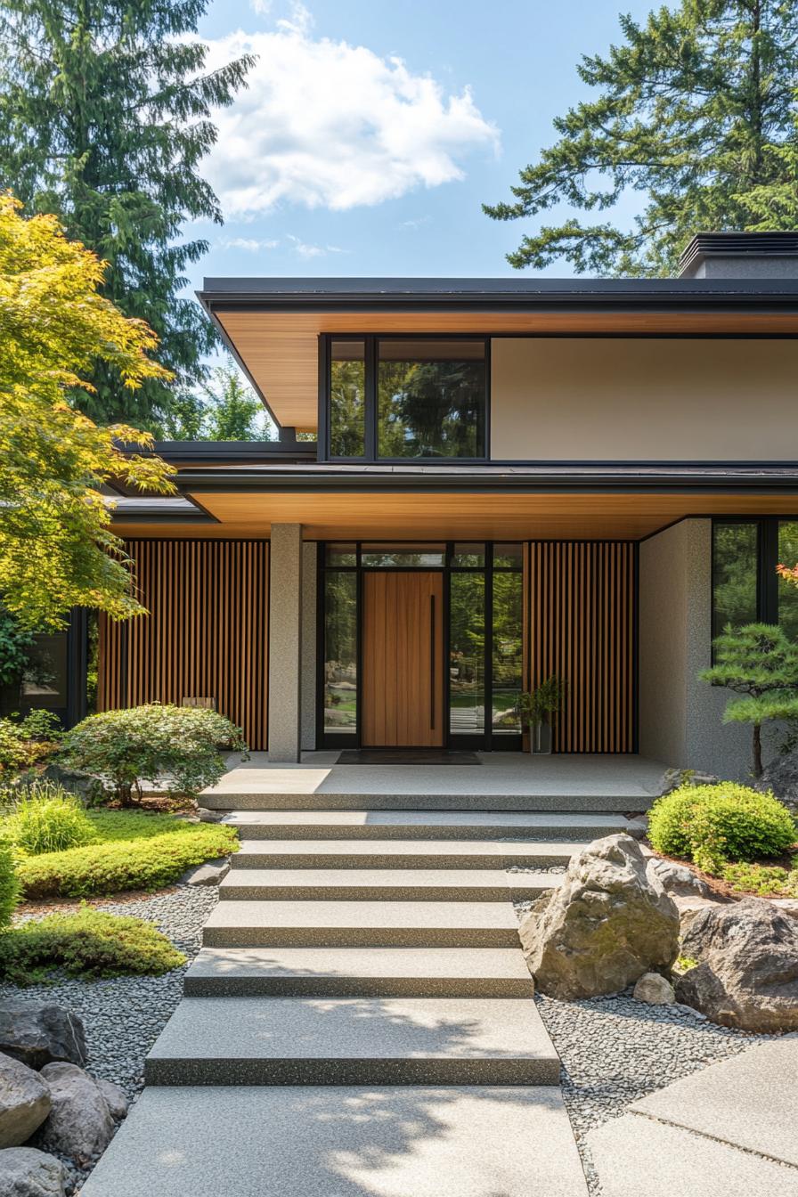 Minimalist house with wooden accents surrounded by greenery