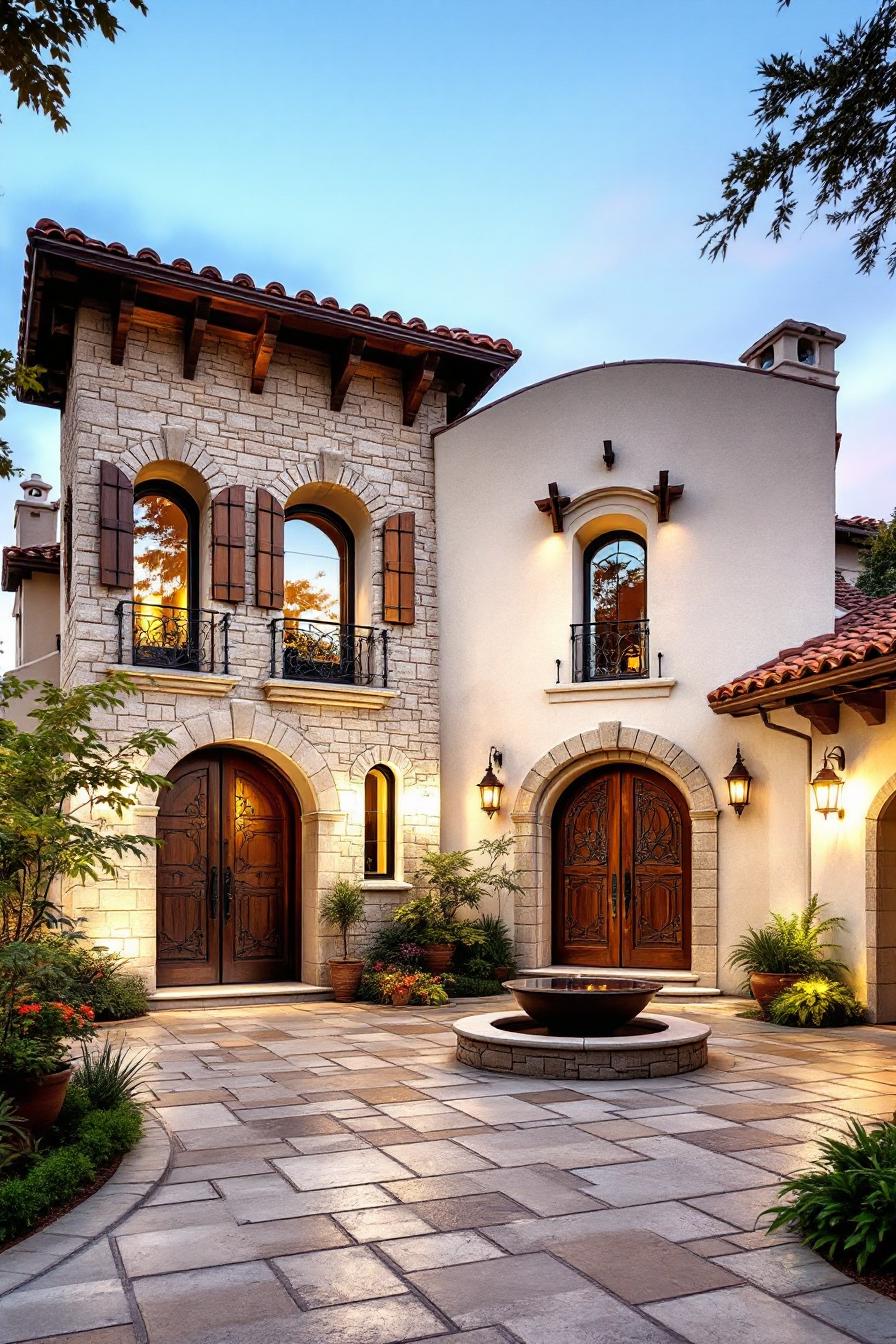 Charming Tuscan house with arched doors and lush courtyard