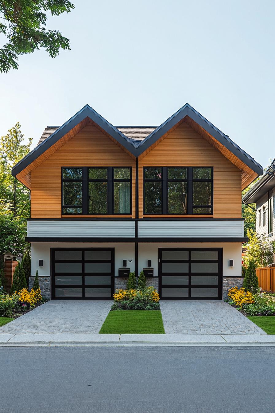 Two-story duplex with modern design and wooden accents