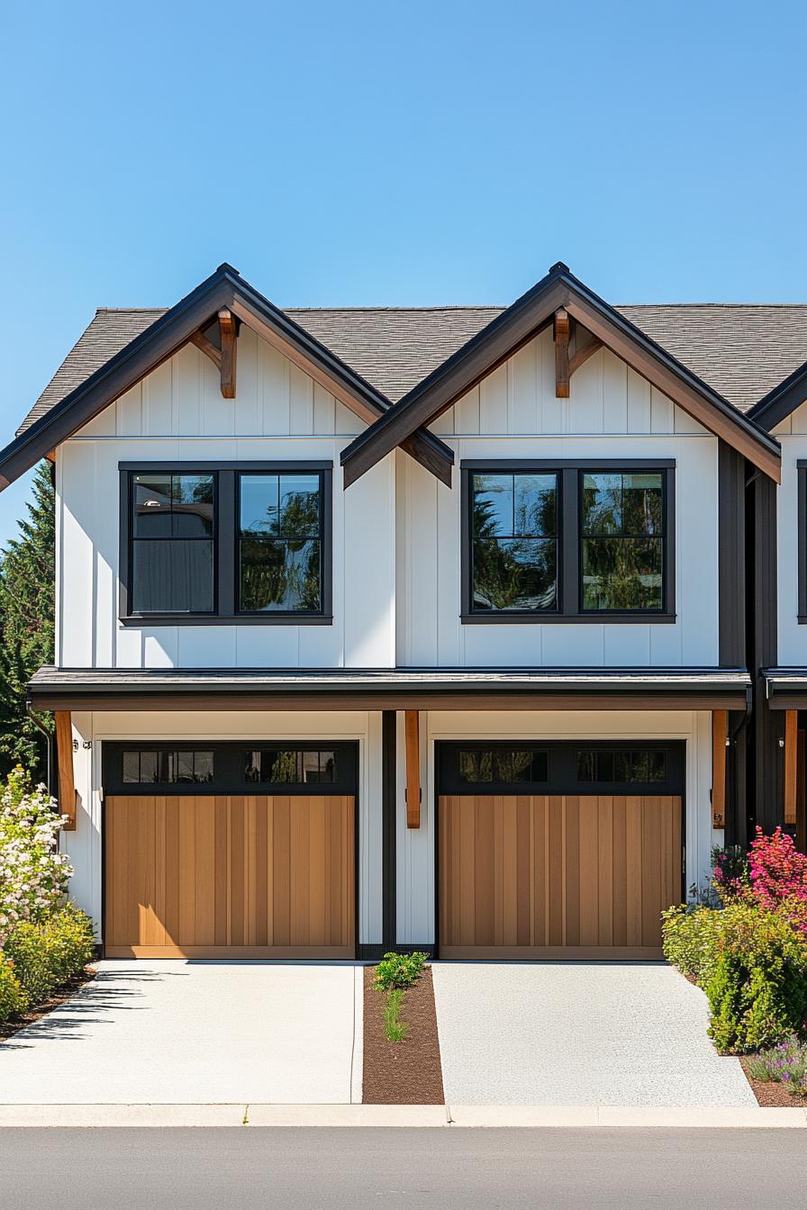 Two modern duplex homes with wooden accents and large windows