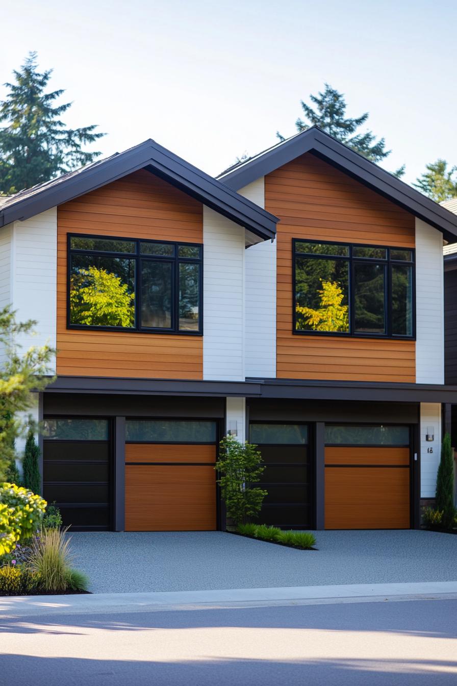 Two gabled sections of a modern duplex with wood accents