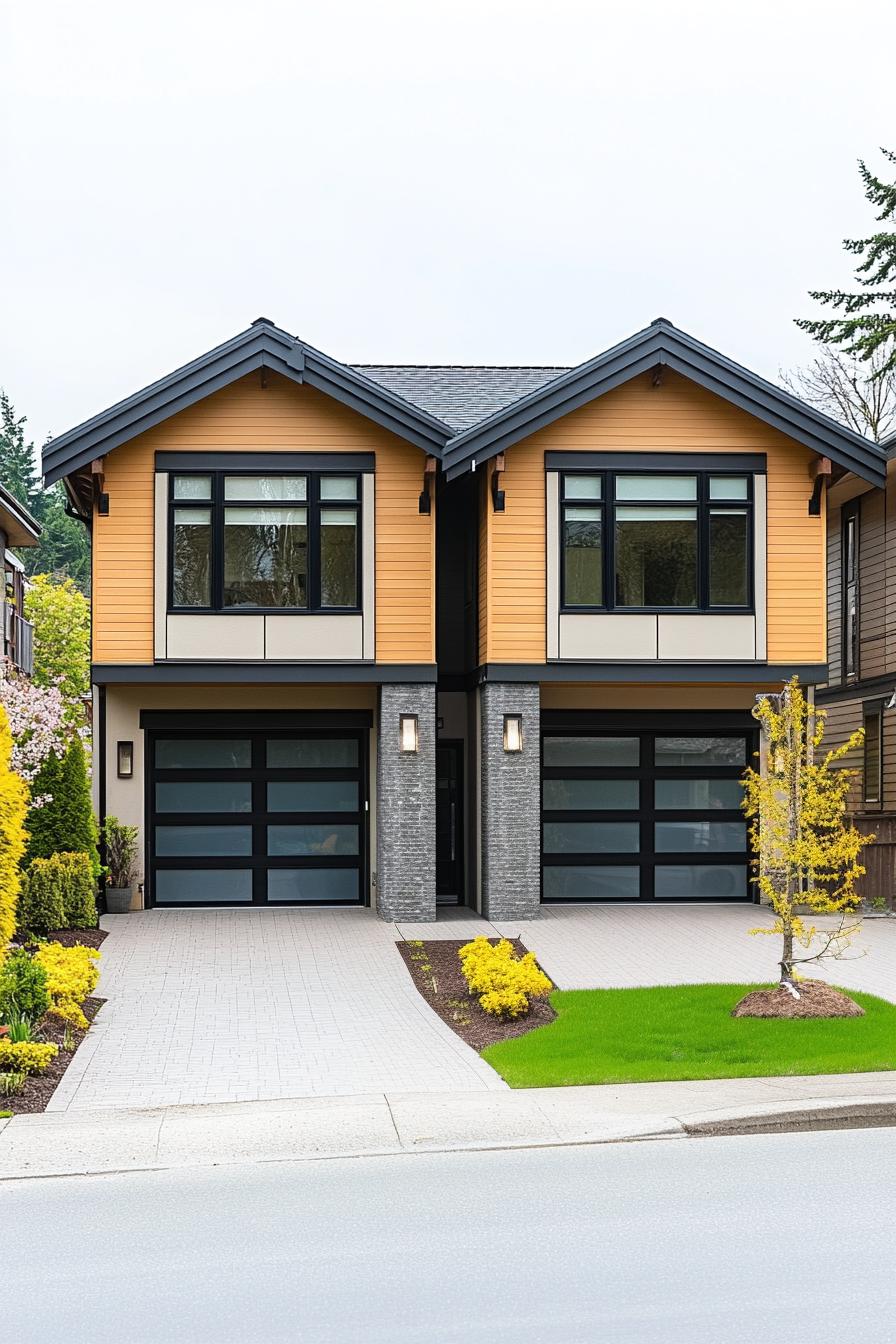 Modern duplex with twin peaked roofs and symmetrical design