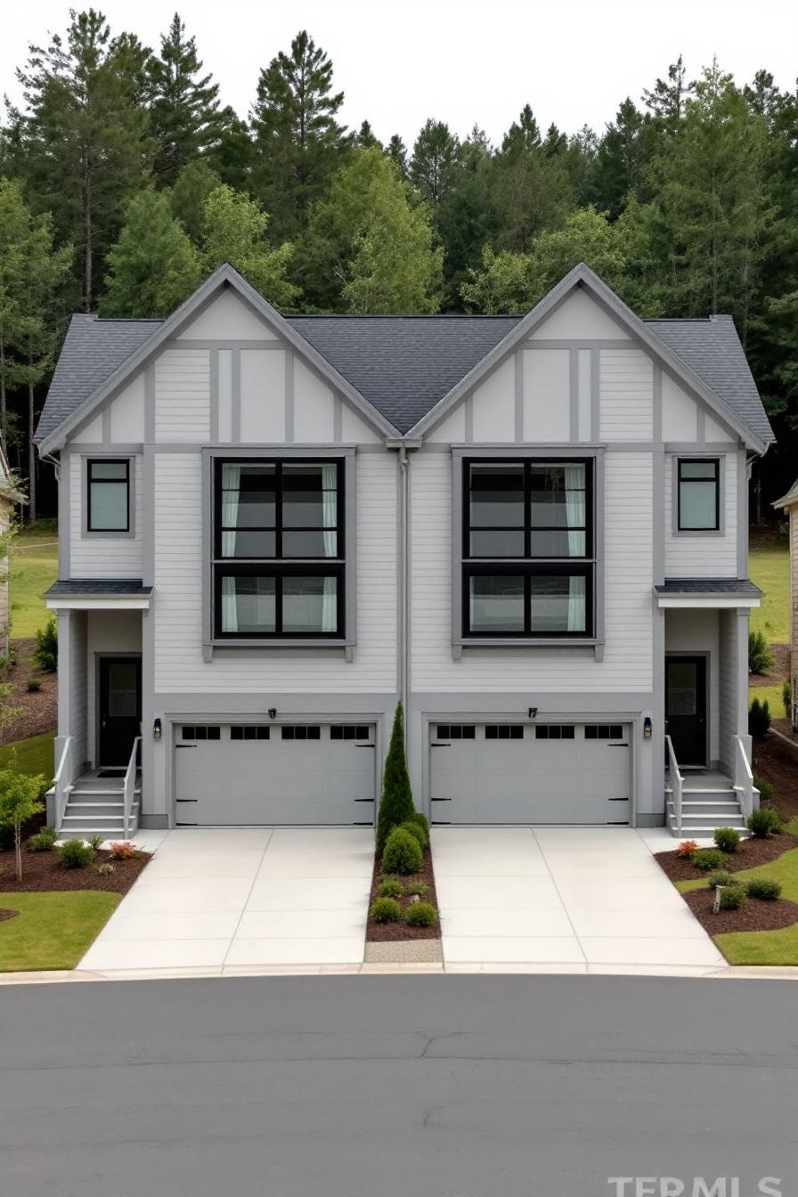 Symmetrical duplex with peaked roofs and charmingly uniform windows