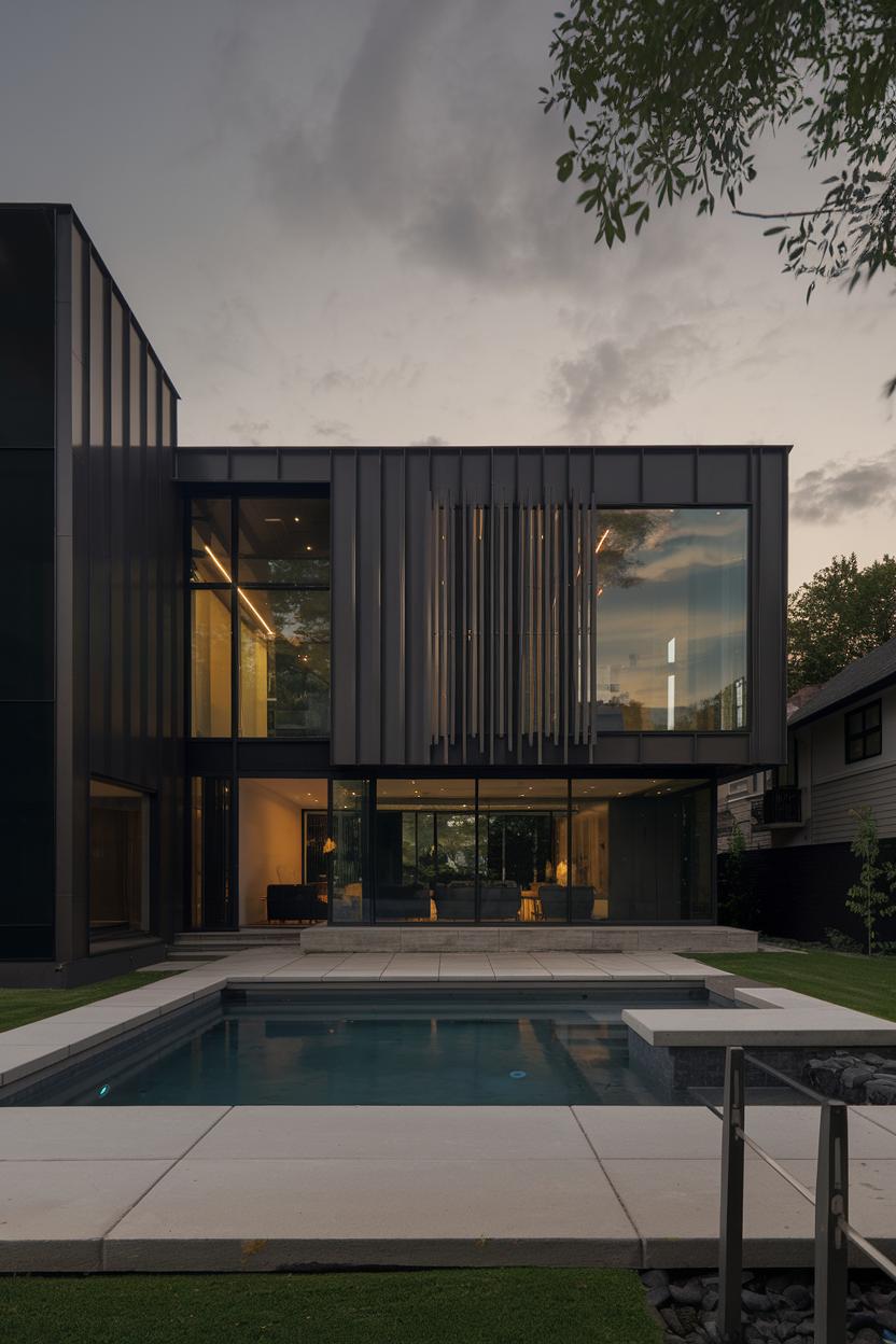 Modern house with pool at dusk