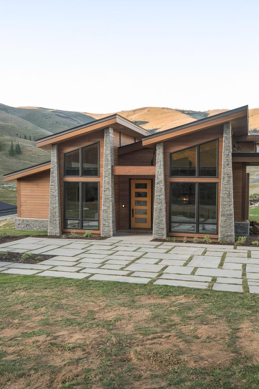 Mountain cabin with steep roof and stone accents