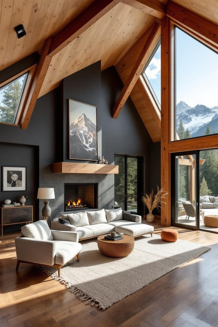 Luxury wood cabin interior with fireplace and mountain views