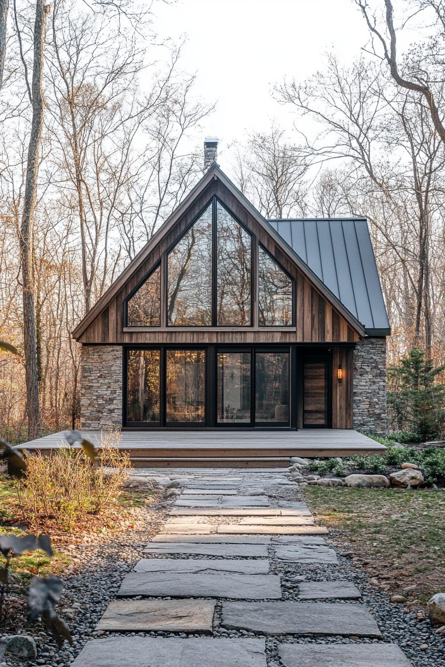 Cabin with large glass windows in the forest