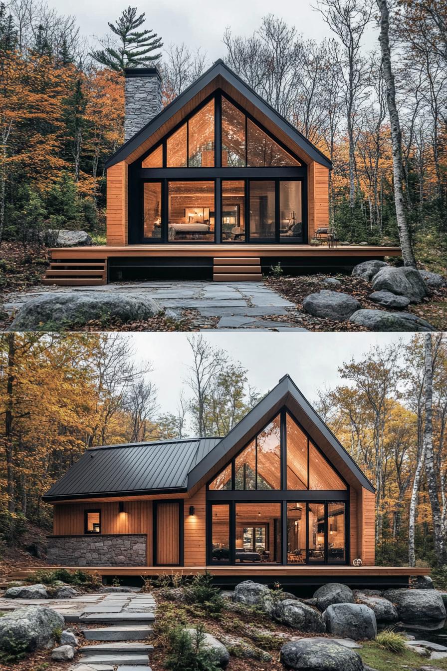 Modern cabin with large glass front in a forest setting