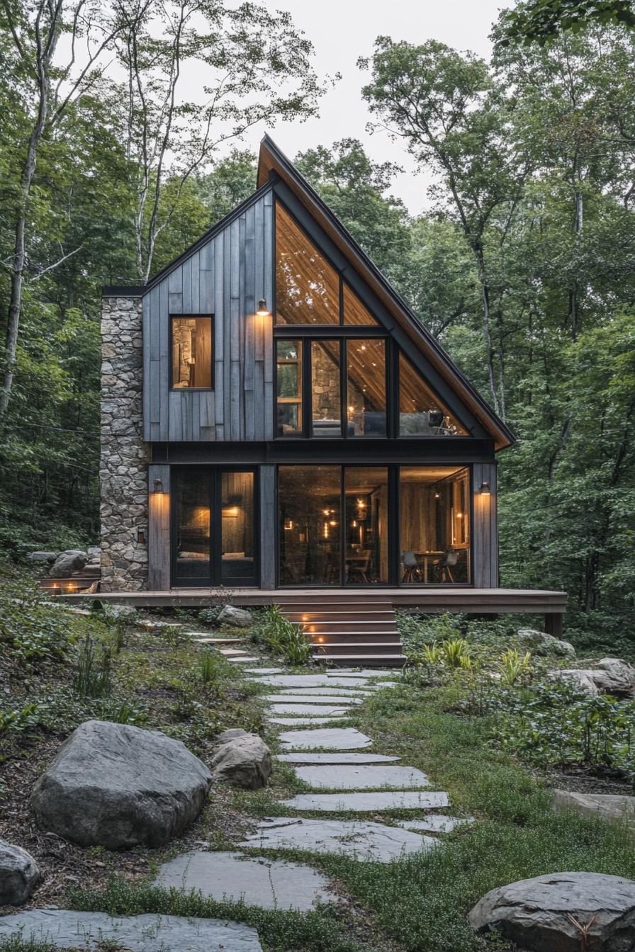 Modern mountain cabin with large windows and wooden exterior amidst lush greenery