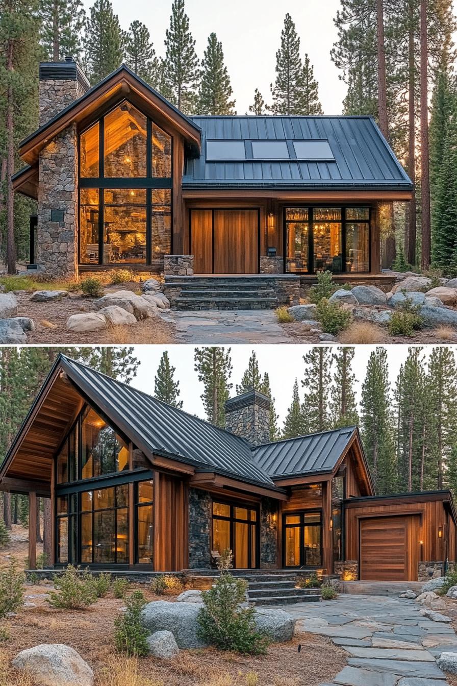 Rustic mountain cabin with large windows and stone detailing