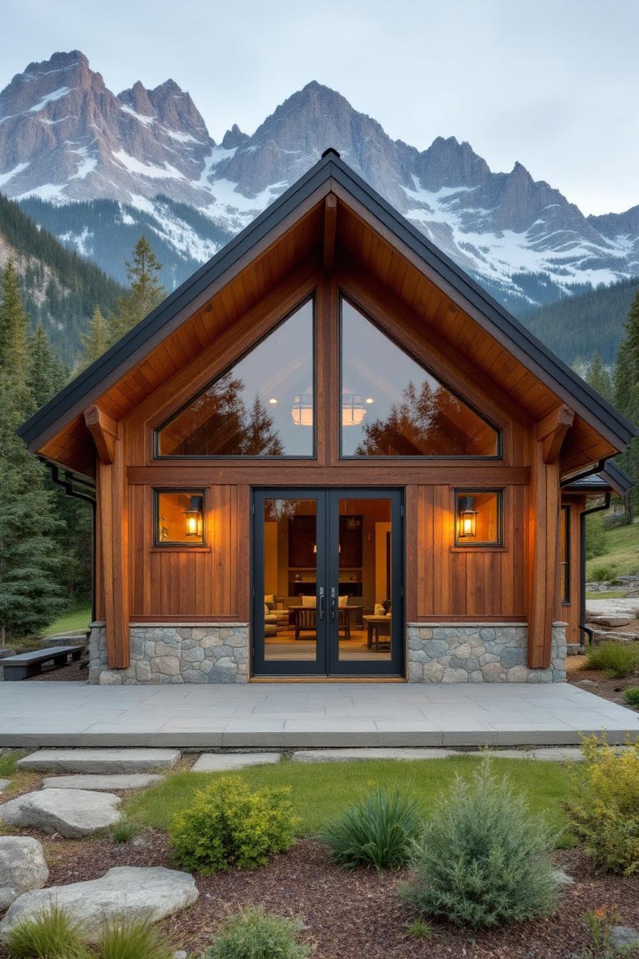 Wooden cabin with mountain view backdrop