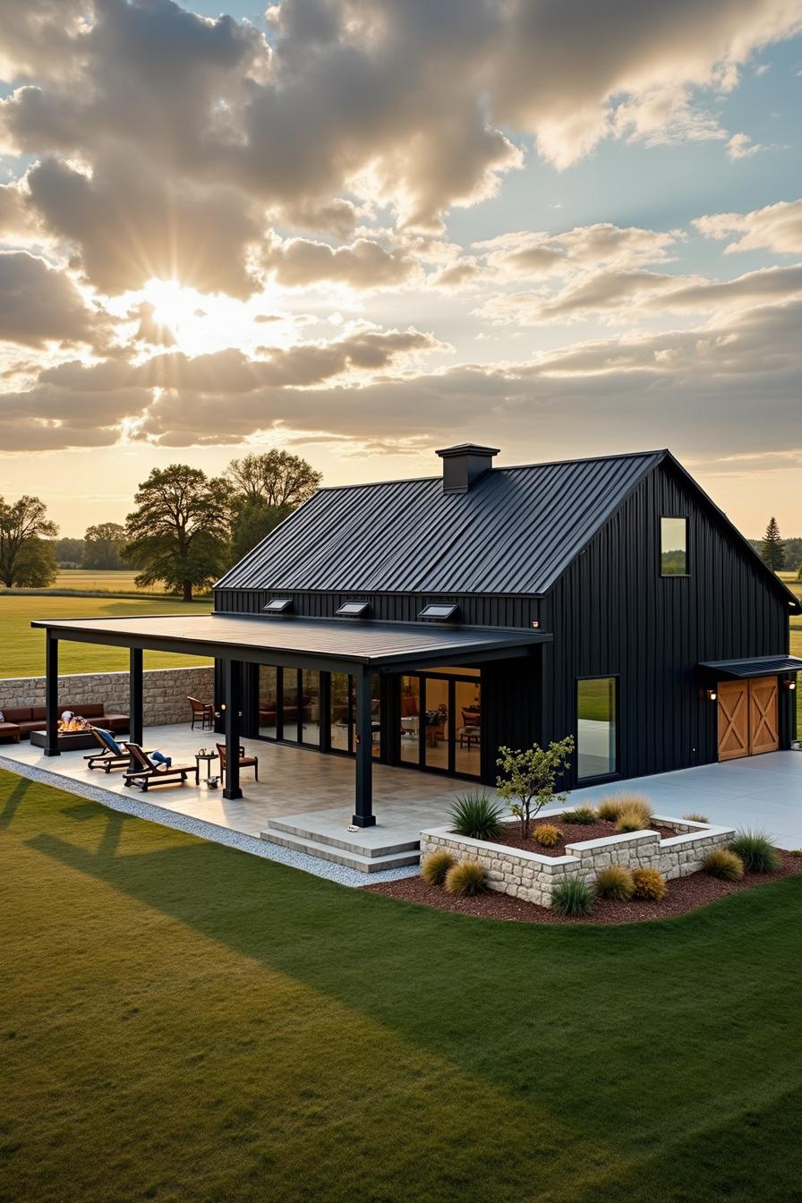 Modern ranch house with a sleek black roof, set against a bright sunset