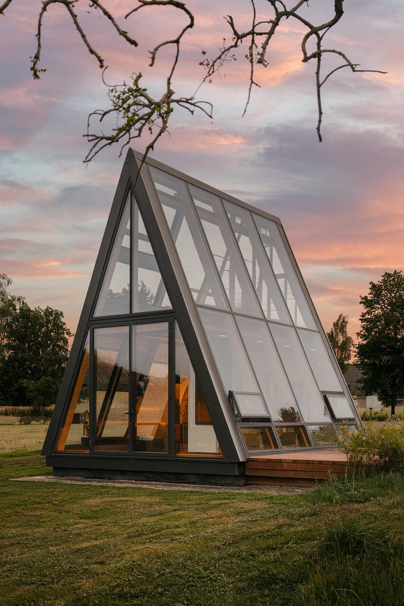 A-Frame house gleaming at sunset with expansive glass panels