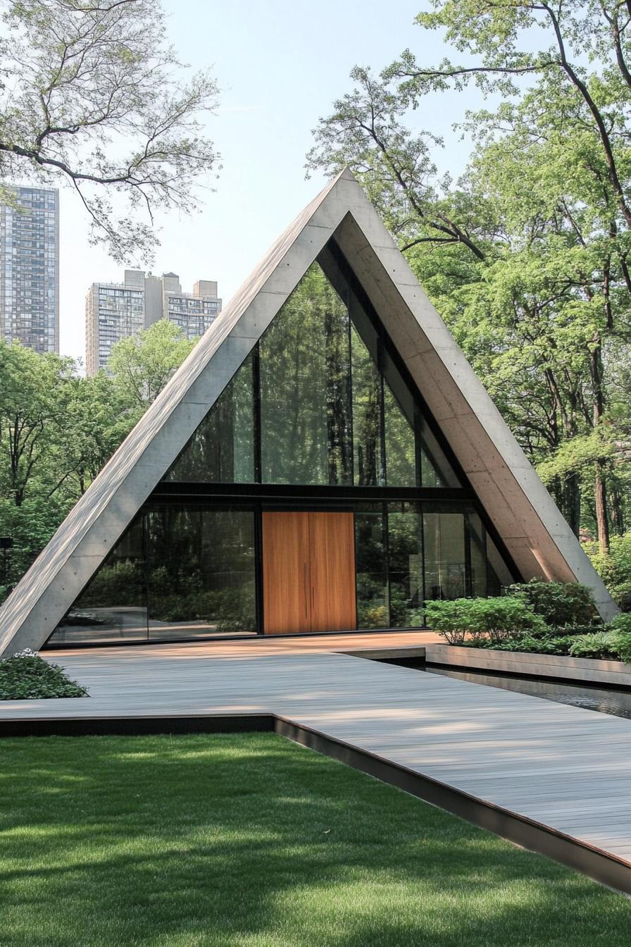 Sharp-roofed triangle house surrounded by trees