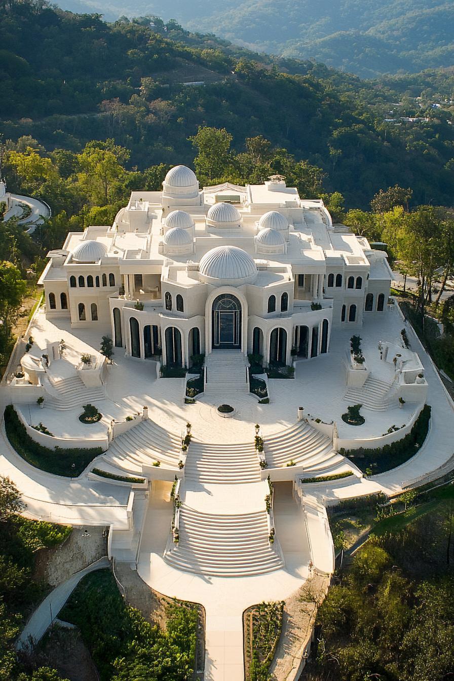 Massive mansion with white domes and grand staircase